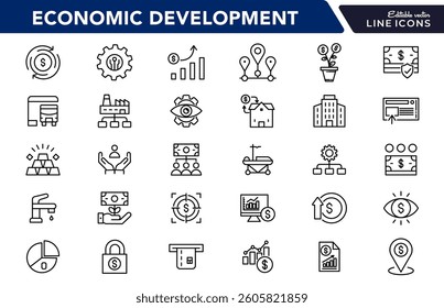 Business Economic Development line icon set. Entrepreneurship, containing business, economic stimulus, trade expansion, sustainable Development,  outline icon collection. UI thin outline icon pack