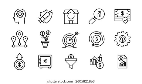 Business Economic Development line icon set. Entrepreneurship, containing business, economic stimulus, trade expansion, sustainable Development,  outline icon collection. UI thin outline icon pack