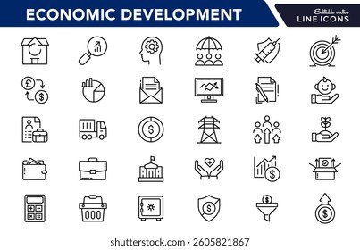 Business Economic Development line icon set. Entrepreneurship, containing business, economic stimulus, trade expansion, sustainable Development,  outline icon collection. UI thin outline icon pack
