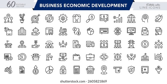 Business Economic Development line icon set. Entrepreneurship, containing business, economic stimulus, trade expansion, sustainable Development,  outline icon collection. UI thin outline icon pack