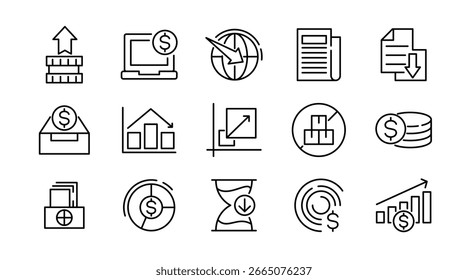 Conjunto de ícones da linha de Desenvolvimento Econômico Comercial. Gestão de escritório, finanças, contendo negócios, estímulo econômico, expansão do comércio, conjunto de ícones de linha de desenvolvimento sustentável. Pacote de ícones de linha fina da interface do usuário.