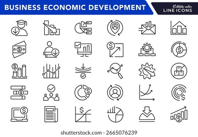 Business Economic Development line icon set. Office management, finance, containing business, economic stimulus, trade expansion, sustainable development line icon set. Ui thin line icon pack.