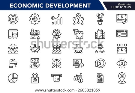 Business Economic Development line icon set. Entrepreneurship, containing business, economic stimulus, trade expansion, sustainable Development,  outline icon collection. UI thin outline icon pack