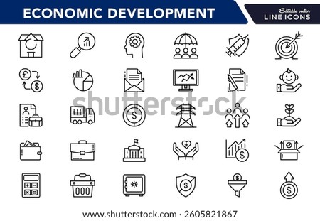 Business Economic Development line icon set. Entrepreneurship, containing business, economic stimulus, trade expansion, sustainable Development,  outline icon collection. UI thin outline icon pack