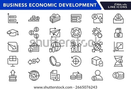 Business Economic Development line icon set. Office management, finance, containing business, economic stimulus, trade expansion, sustainable development line icon set. Ui thin line icon pack.