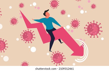 Business economic down and money people loss risk. Man on arrow failure and coronavirus crisis vector illustration concept. Forecast currency and global problem pandemic. Finance crash control