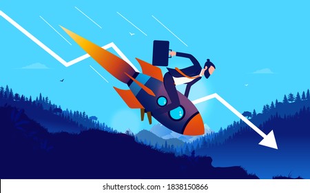 Business economy crisis - Businessman on crashing rocket going down in high speed. Downwards pointing graph in background. Vector illustration.