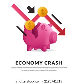 Business Economy Crisis Concept with piggy bank. Arrow decrease lost bankrupt lost income concept