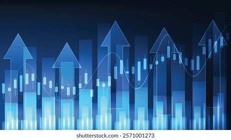 business and economy growth. candlesticks stock market and bar chart with arrow up on blue background