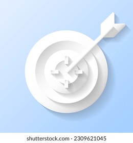 Business Economy Growth Concept Target Focus Arrow Dart Dartboard Game Hit Goal Strategy Challenge Success Performance 3D White Paper Cut Paper art style Icon Isolated Background Vector Illustration