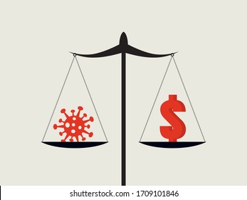 Business or economy versus health threat by coronavirus, covid-19. Easing of restrictions, lockdown to reopen businesses or restart corporate world in USA. Eps10 illustration.