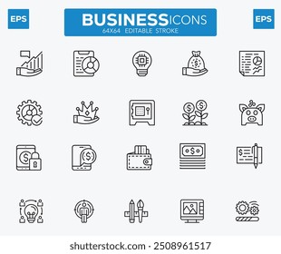 Conjunto de ícones editáveis empresariais. Ilustração vetorial em estilo de linha fina moderna de ícones relacionados a negócios: trabalho em equipe, documentos, dispositivos e muito mais. e infográficos para aplicativos móveis.