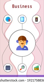 business editable infographic template with icons of loupe, tablet, remote control, customer service, bag, ipo, network