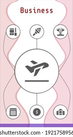business editable infographic template with icons of Take off, Configuration, Calendar, Eye scan, Bag, Badge, Torch