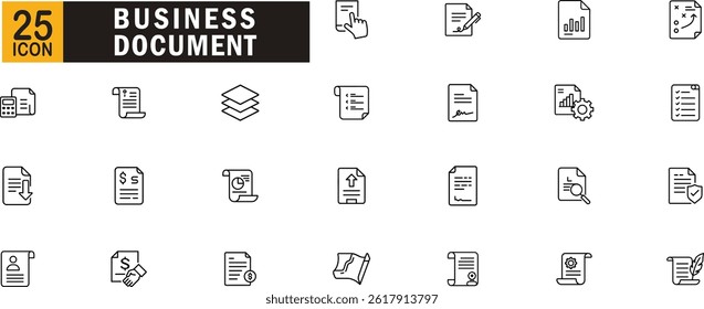 Business editable outline icon set. Documents, contracts, finance, reports, agreements, charts and more.