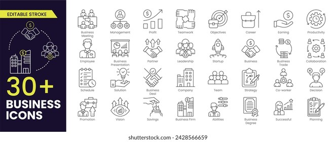 Business Editable Stroke-Symbolsatz. Business-Team, Meeting, Partnerschaft, Start-up, Planung, Unternehmen, Management, Gewinn und erfolgreiche Schlüssel-Icons. Bearbeitbare Kontursymbole, Vektorsammlung.