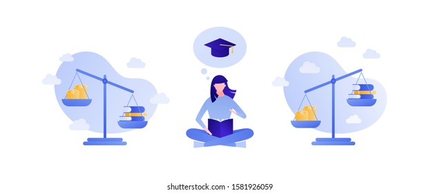 Business education balance people concept. Vector flat female person illustration. Libra with comparison money and book isolated on white. Design element for banner, poster, background, web.