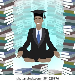 Business education. Businessman African American meditating in lotus position, in library. Vector