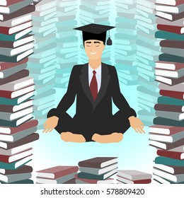 Business education. Businessman meditating in lotus position, surrounded by books. Vector