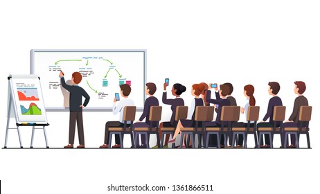 Business Education Class Teacher & Trainer Man Workshop Teaching Strategy Business Students Audience Group Using White Blackboard & Flip-chart Diagrams, Charts In Classroom. Flat Vector Illustration