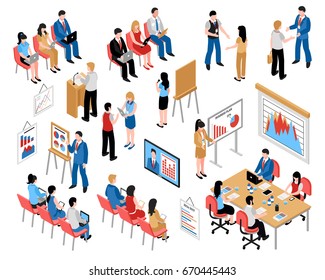 Business education and coaching isometric icons set with coming to training and business seminar vector illustration 