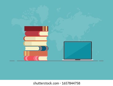 Business education concept, Books and laptop Information technology, Vector illustration flat design