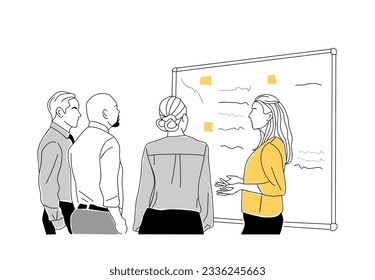 Business education concept illustration scene. Different men and women taking part in conference, presentation. Vector simple outline drawing for graphic and web design Isolated on white background