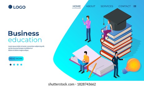 Business education. The concept of improving the skills of entrepreneurs.Level of education.People on the background of books.Isometric vector illustration.The template of the landing page.