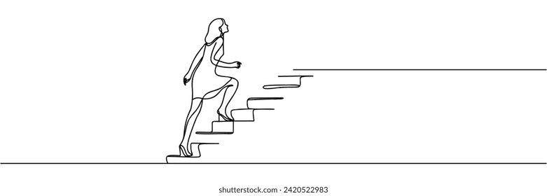 business and education concept. Woman climbing stairs continuous one line drawing.