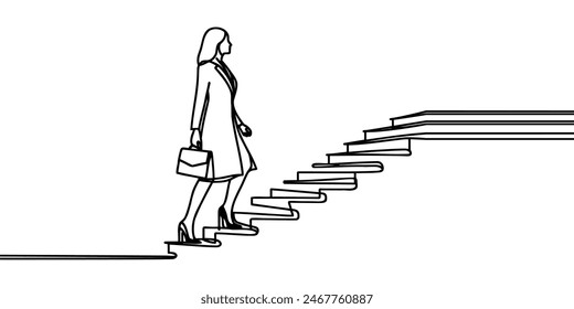 business and education concept. Woman climbing stairs continuous one line drawing