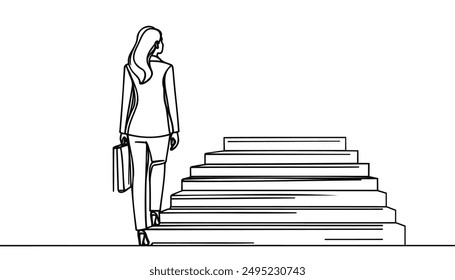 business and education concept. Woman climbing stairs continuous one line drawing