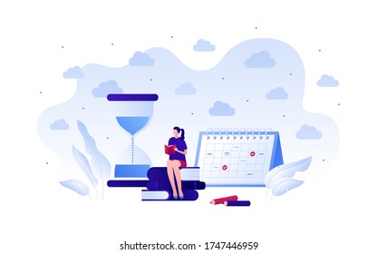 Business education and exam deadline concept. Vector flat people illustration. Female human character sit with book, schedule calendar, hourglass watch. Design for college, school, course banner