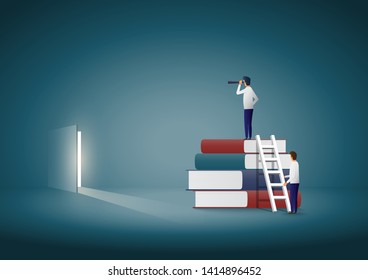 Business and education for future vector concept. Businessman standing on top of books and looking for a solution. illustrator vector.