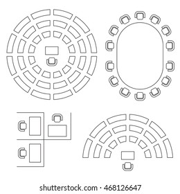 Símbolos de mobiliário de negócios, educação e governo utilizados na arquitetura planos ícones conjunto, vista superior, elementos de design gráfico, delineado, preto isolado no fundo branco, ilustração vetorial.