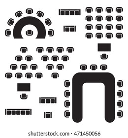 Business, education and government furniture symbols used in architecture plans icons set, top view, graphic design elements, black isolated on white background, vector illustration.