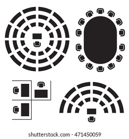 Símbolos de mobiliário de negócios, educação e governo utilizados na arquitetura planos ícones conjunto, vista superior, elementos de design gráfico, preto isolado sobre fundo branco, ilustração vetorial.