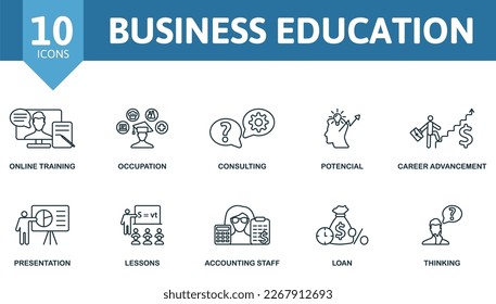 Business Education icon set. Monochrome simple Business Education icon collection. Online Training, Occupation, Consulting, Potencial, Career Advancement, Presentation, Lessons, Accounting Staff, Loan