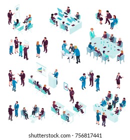 Business education isometric set with coaches training people individually and in groups isolated vector illustration