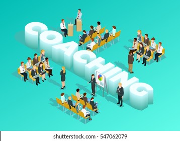 Business Education Isometric Template With 3d Coaching Inscription Presentation Meeting Staff Training And Learning Isolated Vector Illustration