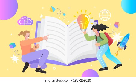 Business education knowledge startup concept web vector illustration. Micro women reading big book light bulb. World book reading or literacy day banner. Online reading. Back to school.