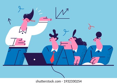 Business education, learning, coaching illustration. Group of business people workers sitting and listening to speakers presentation on marketing development vector illustration 