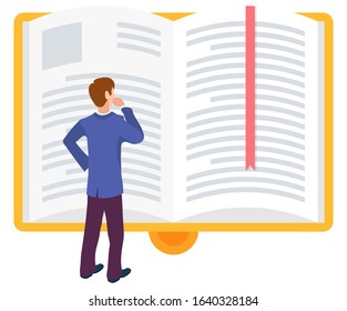 Business education. Learning man vector, isolated character with big book and bookmark looking at page. Male studying new subjects, thoughts of new material education