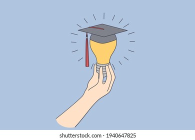 Business education, learning, new ideas concept. Human hand holding light bulb wearing graduate bonnet meaning educational success and creative innovations vector illustration 