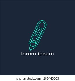 Business and education logo concept. Pencil and paper clip vector logo design contour template on black. Back to school linear background.