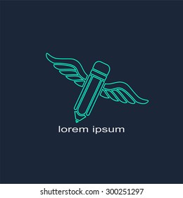 Business and education logo concept. Pencil and paper clip with wings vector logo design contour template on black. Back to school background.