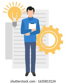 Business education, man with folder in hands, blank sheet of paper on background, lamp symbol of new idea, gear cogwheel financial mechanism. Vector businessman