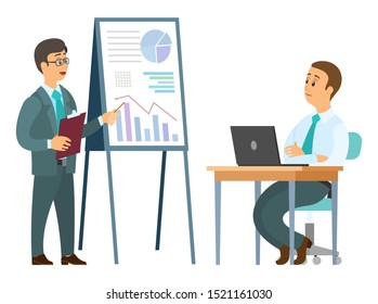 Business education, man teaching person, webinar or seminar. Businessman sitting at table with laptop, teacher and listener indoor, company success vector