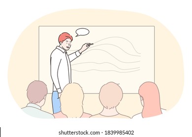 Business, education, presentation, meeting, conference, training concept. Businessman coach manager leader boss presenting corporate plan project to audience. Company briefing forum and discussion.