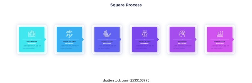 Business education rectangular process infographic chart template design. Employee development infochart with thin line icons. Business flowchart. Instructional graphics with 6 steps for banners