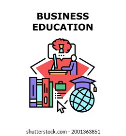 Business Education Seminar Vector Icon Concept. Online Business Education Seminar On Laptop And Educational Literature Books, International Financial School And College Color Illustration
